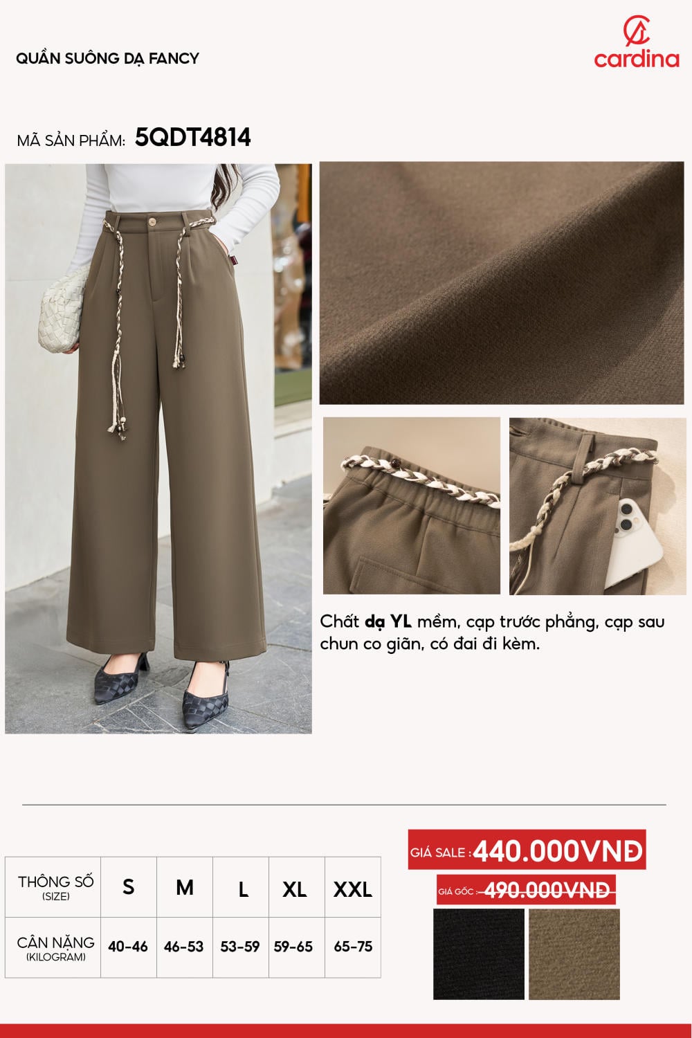 Quần suông dạ YL mềm kèm đai tết cạp chun sau