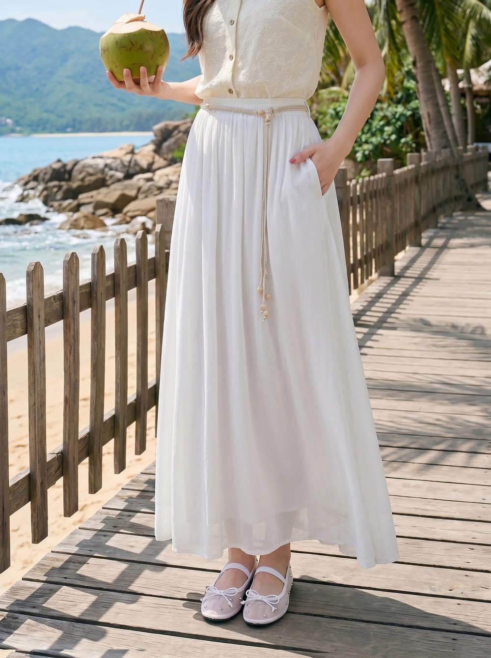 Chân váy Chiffon Maxi cạp chun phối dây đai tinh tế