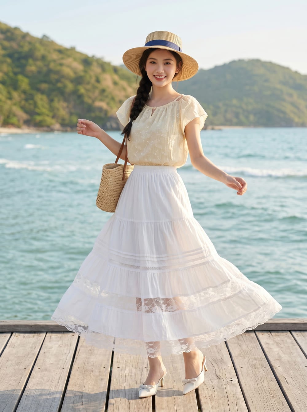 Chân váy maxi 3 tâng phối dây trang trí