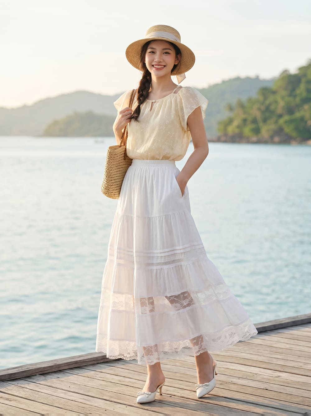 Chân váy maxi 3 tâng phối dây trang trí
