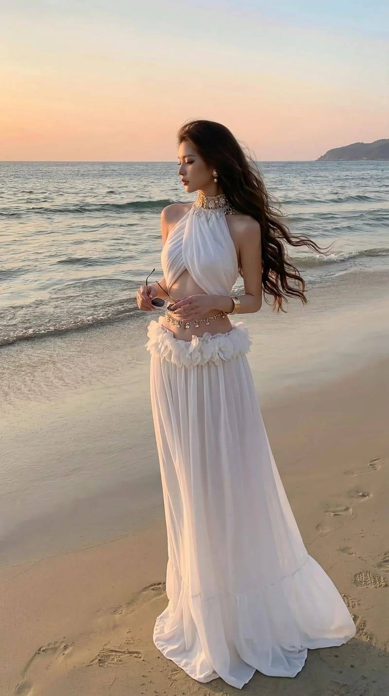 Váy maxi trắng đi biển