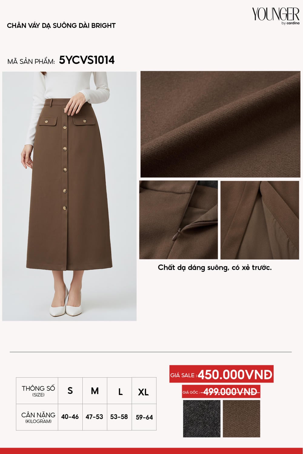 Chân váy dạ suông dài dáng chữ A xẻ trước thanh lịch