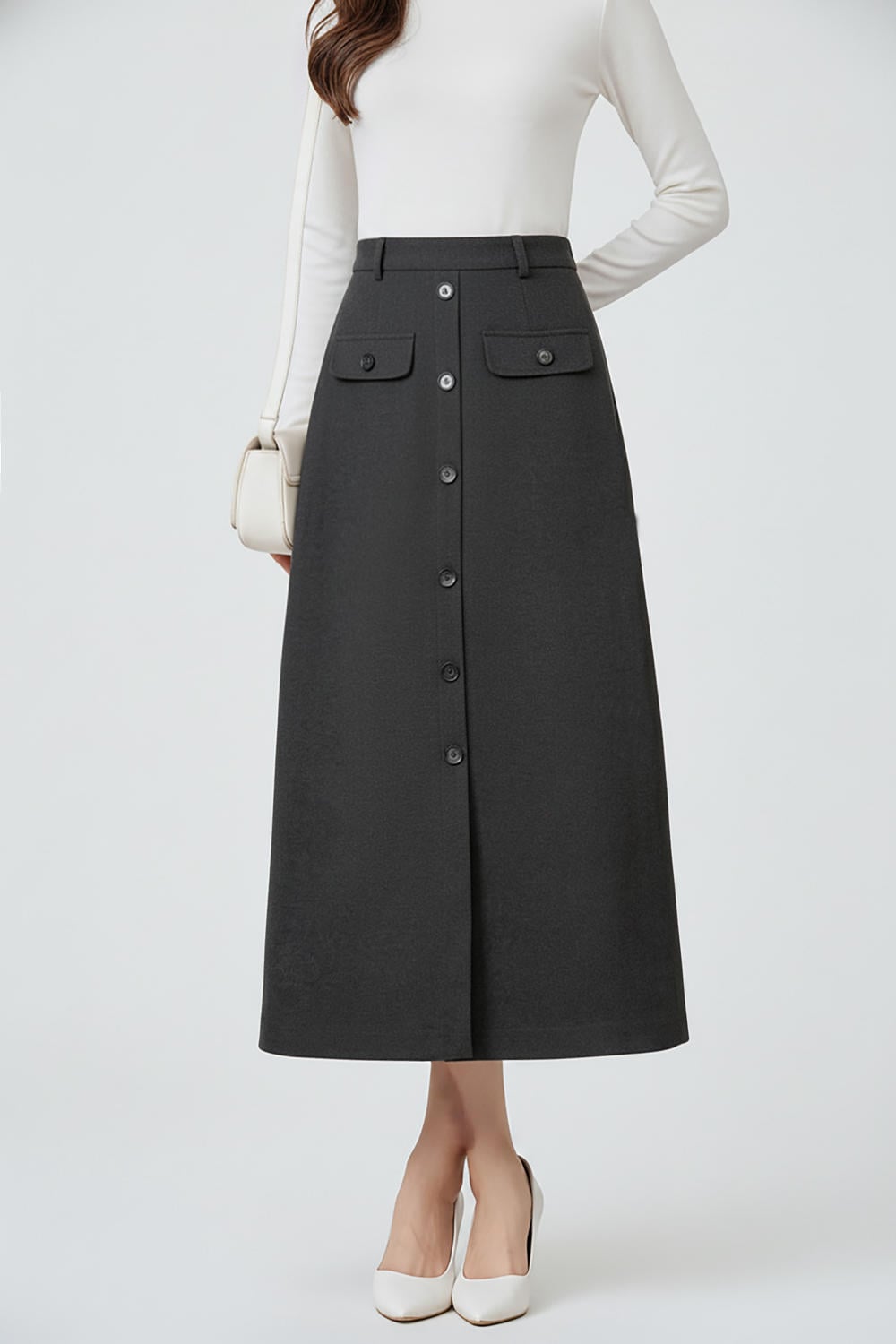 Chân váy dạ suông dài dáng chữ A xẻ trước thanh lịch