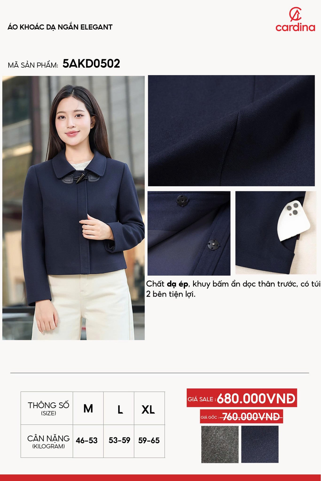 Áo khoác dạ ép dáng ngắn Elegant cổ bẻ khuy bấm ẩn.