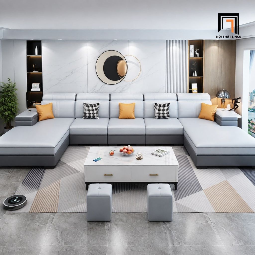 sofa chữ U dài 3m5 bọc da công nghiệp