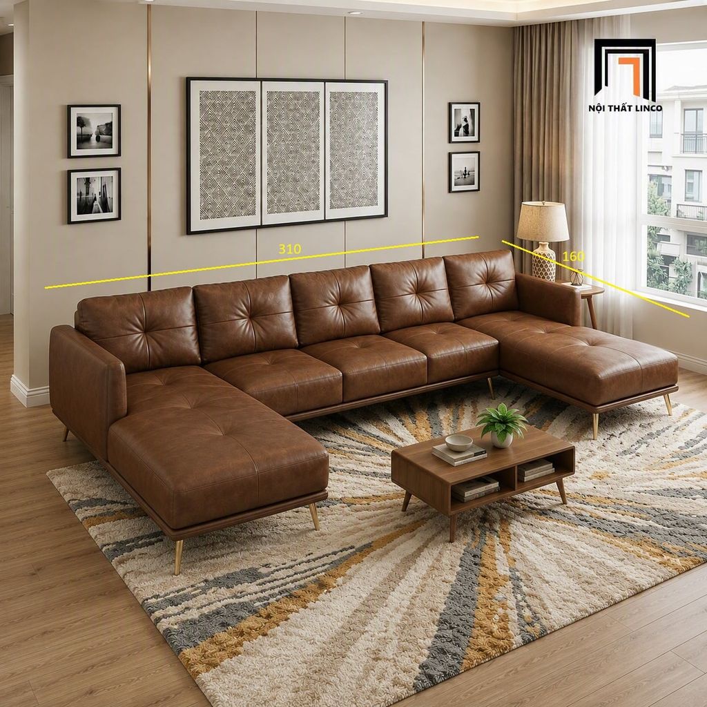 sofa dài chữ U 3m1 nâu đậm