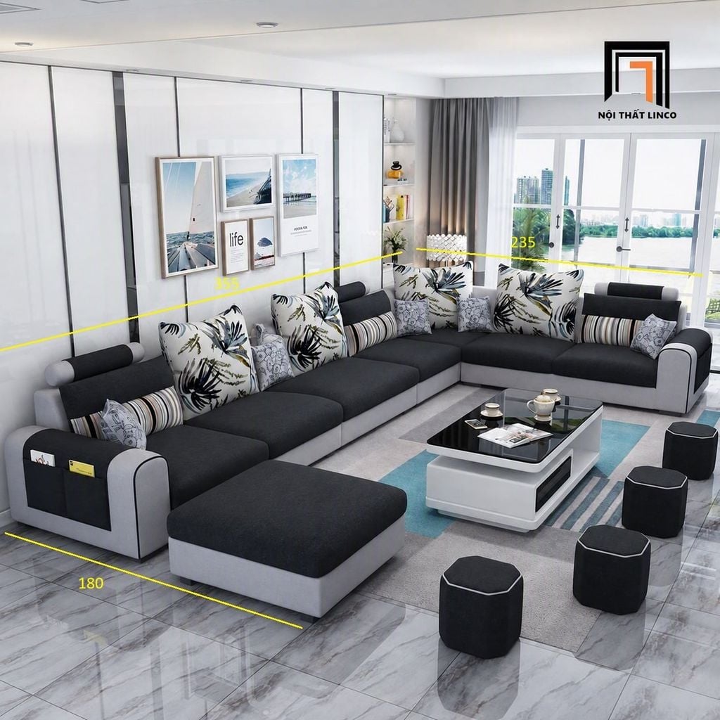 sofa chữ U dài 3m55 phối trắng đen