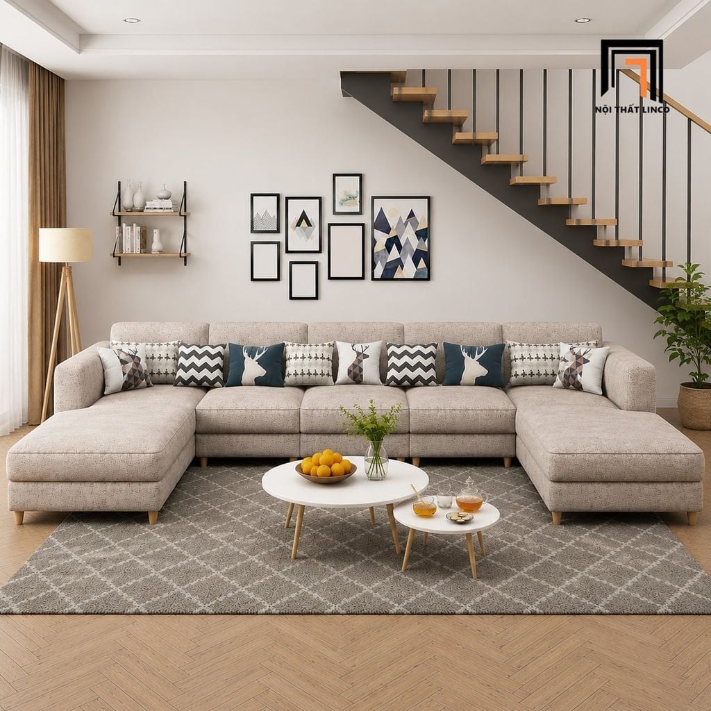 sofa dài chữ U 3m3 xám trắng