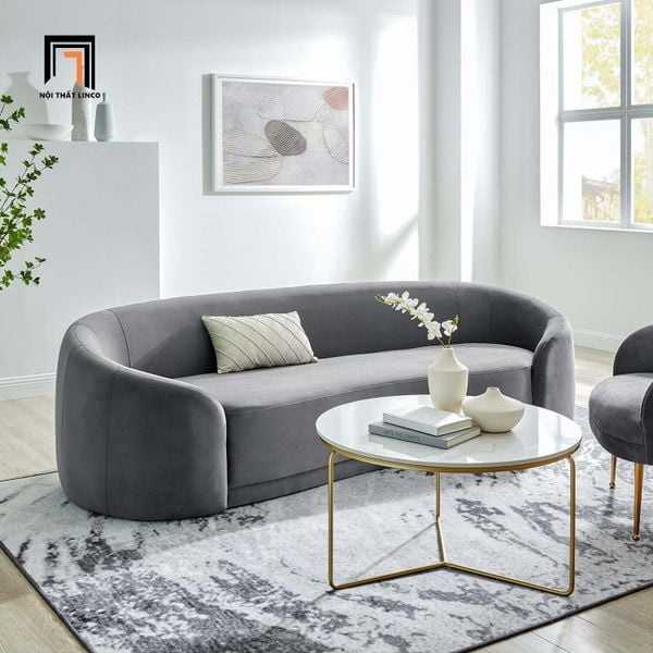 sofa, ghế sofa, sofa cong, sofa băng cong 2m2, sofa băng xám đen vải nhung, ghế sofa sảnh chờ