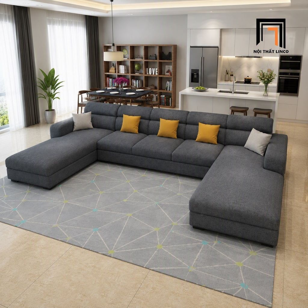 sofa dài chữ U 3m4 xám đậm