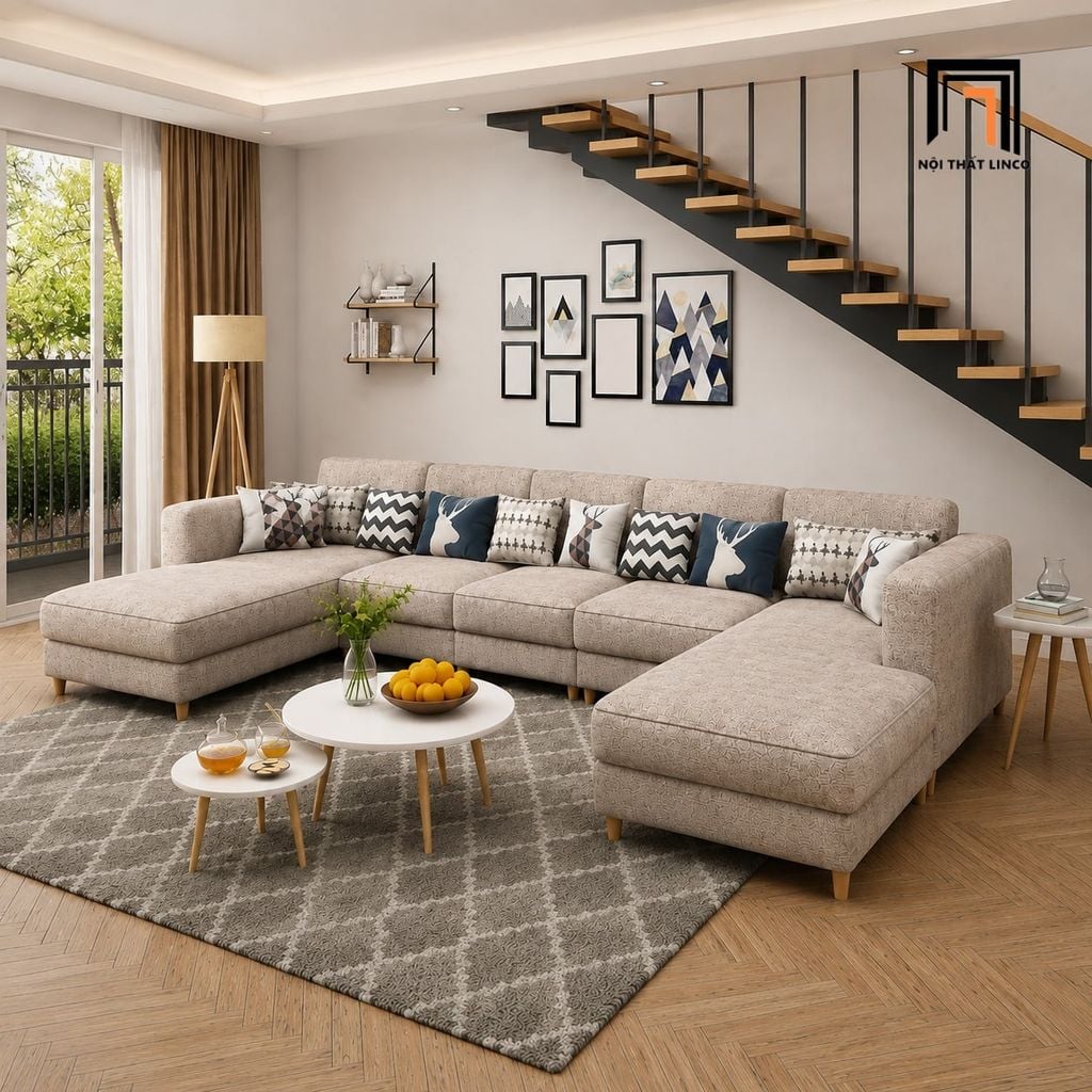 sofa dài chữ U 3m3 xám trắng