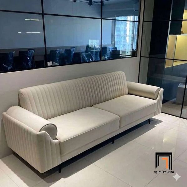 sofa băng, sofa văng, sofa băng vải nhung xám trắng, sofa 2m3, sofa băng phòng khách, sofa văng hiện đại, sofa băng văn phòng