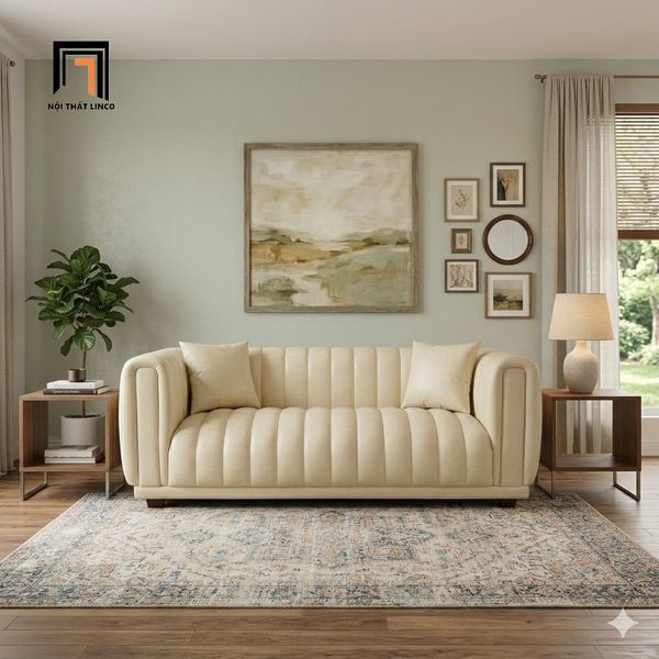 sofa, ghế sofa, sofa băng, sofa văng, sofa băng da trắng kem, sofa băng phòng khách, sofa băng đẹp, sofa băng chung cư