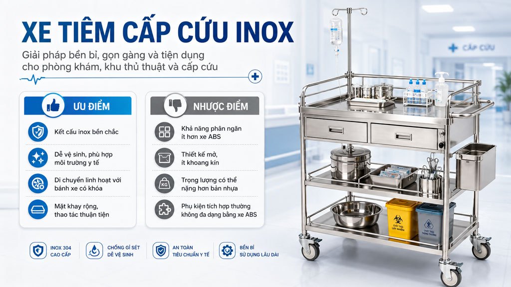 Xe tiêm tủ thuốc inox có những ưu và nhược điểm gì?
