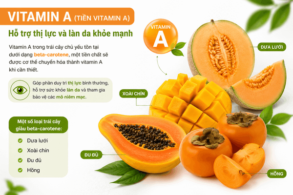 Có Bao Nhiêu Loại Vitamin Trong Trái Cây Tươi? Trái cây giàu vitamin A như dưa lưới, xoài, đu đủ và hồng