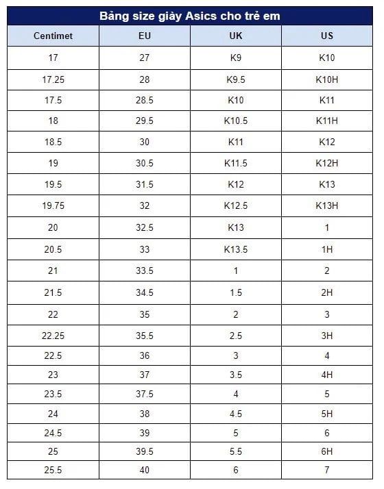 Bảng Size Giày Asics Trẻ Em
