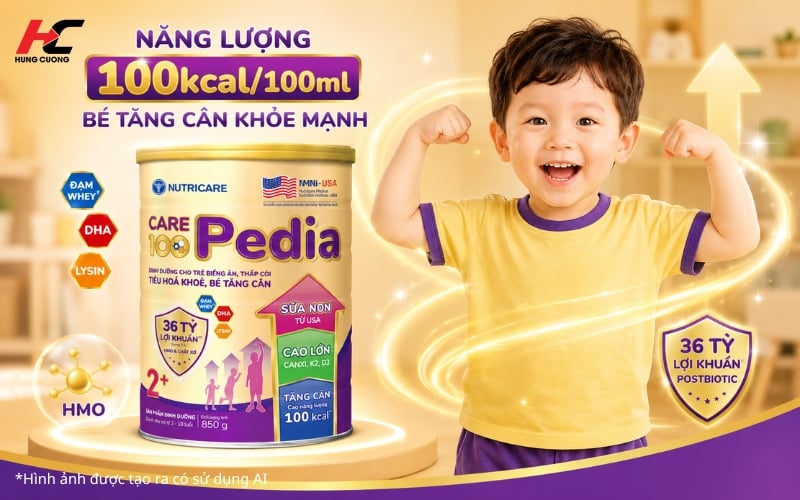 Care 100 Pedia chứa năng lượng cao 100kcal/100ml giúp bé tăng cân