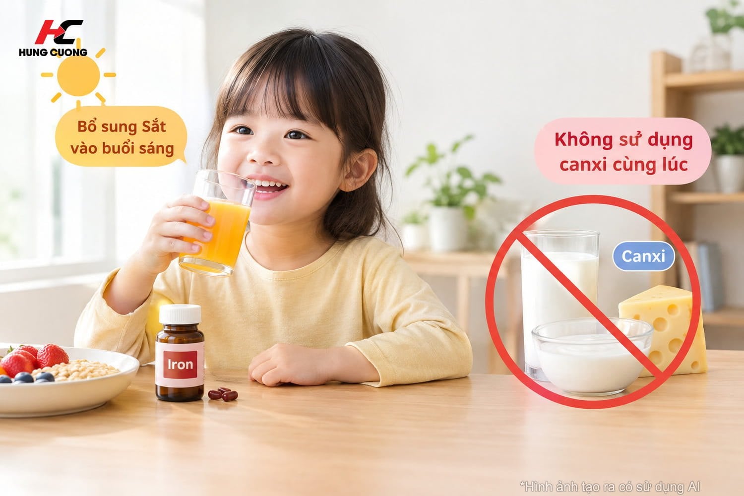 không bổ sung sắt và canxi cùng lúc