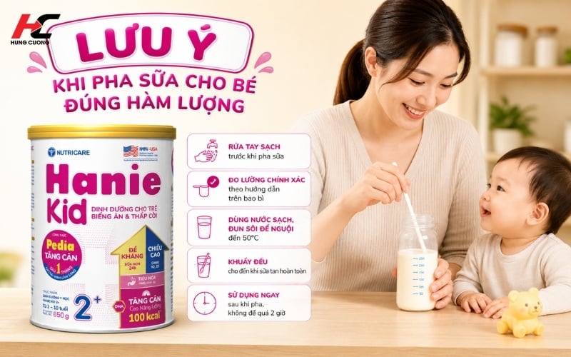 Pha sữa Hanie Kid theo hướng dẫn sử dụng