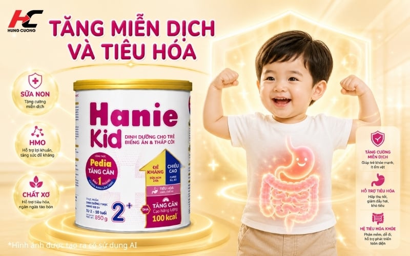 Sữa Hanie Kid chứa các dưỡng chất tăng miễn dịch và hệ tiêu hóa bé