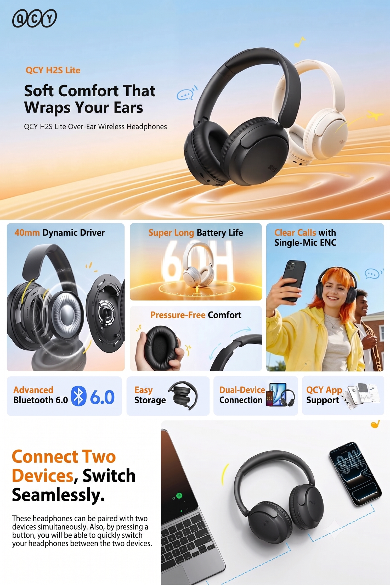 Tai Nghe Chụp Tai Không Dây QCY H2s Lite (Bluetooth v6.0, 60H, ENC, Dual-Device Connection, 40mm Dynamic Driver, QCY APP) 1 gemini generated image g4acfjg4acfjg4ac