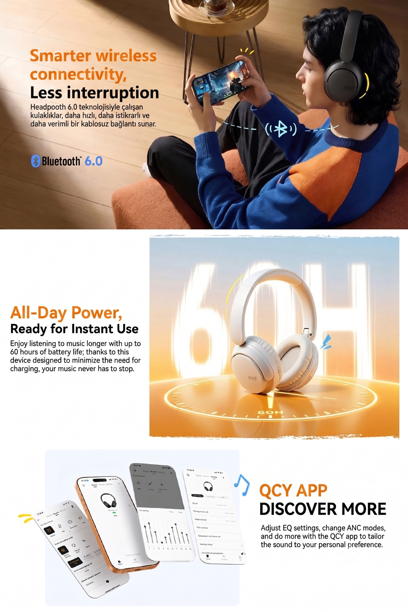 Tai Nghe Chụp Tai Không Dây QCY H2s Lite (Bluetooth v6.0, 60H, ENC, Dual-Device Connection, 40mm Dynamic Driver, QCY APP) 2