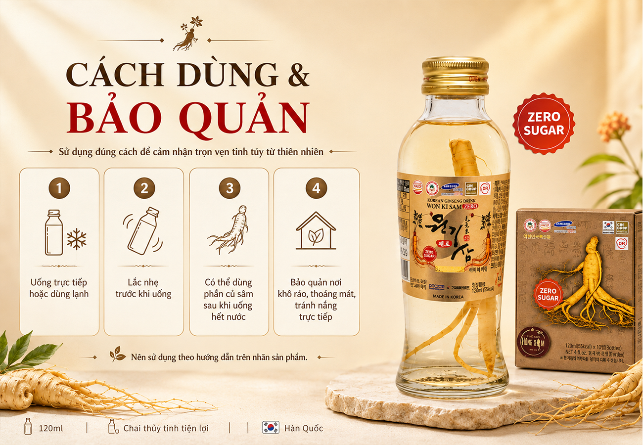 Hướng dẫn sử dụng và bảo quản nước hồng sâm có củ Won Ki Sam