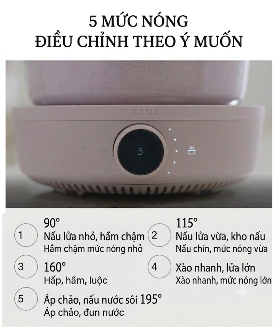 Bếp từ đơn Staub 2000W Công suất 2000W gia nhiệt mạnh mẽ, nấu ăn nhanh chóng.