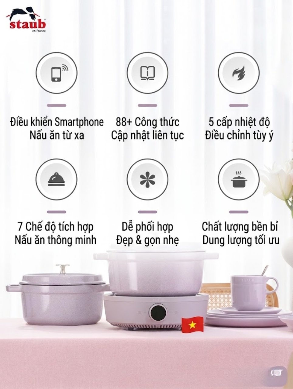 Bếp từ đơn Staub 2000W Công suất 2000W gia nhiệt mạnh mẽ, nấu ăn nhanh chóng.