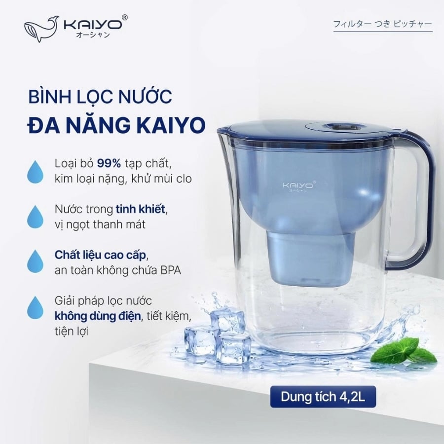 Bình lọc nước Kaiyo KWF-8296 dung tích 4.2L được thiết kế để lọc nước máy sinh hoạt bằng lõi lọc than hoạt tính