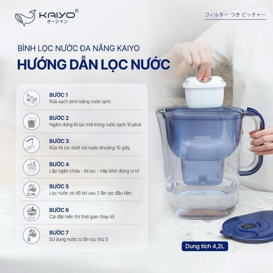 Bình lọc nước Kaiyo KWF-8296 dung tích 4.2L được thiết kế để lọc nước máy sinh hoạt bằng lõi lọc than hoạt tính