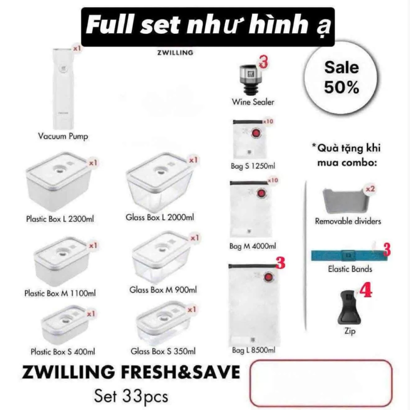 Bộ hút chân không Zwilling FRESH & SAVE 33 món tiện lợi, cải tiến giúp hút hết không khí ra khỏi các hộp và túi hút chân không đi kèm