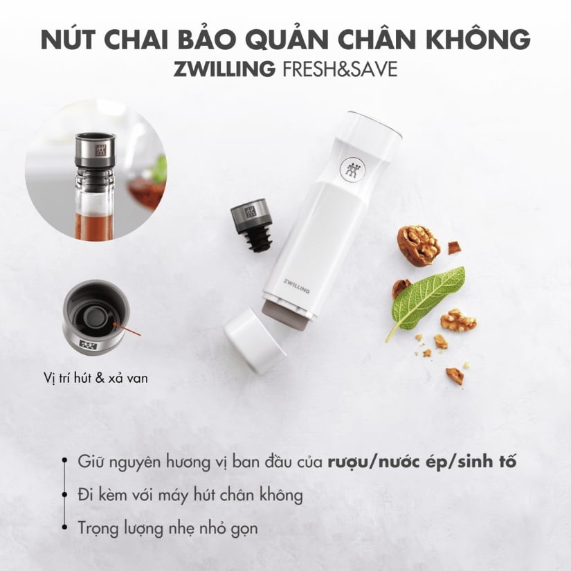 Bộ hút chân không Zwilling FRESH & SAVE 33 món tiện lợi, cải tiến giúp hút hết không khí ra khỏi các hộp và túi hút chân không đi kèm