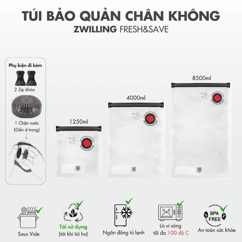 Bộ hút chân không Zwilling FRESH & SAVE 33 món tiện lợi, cải tiến giúp hút hết không khí ra khỏi các hộp và túi hút chân không đi kèm