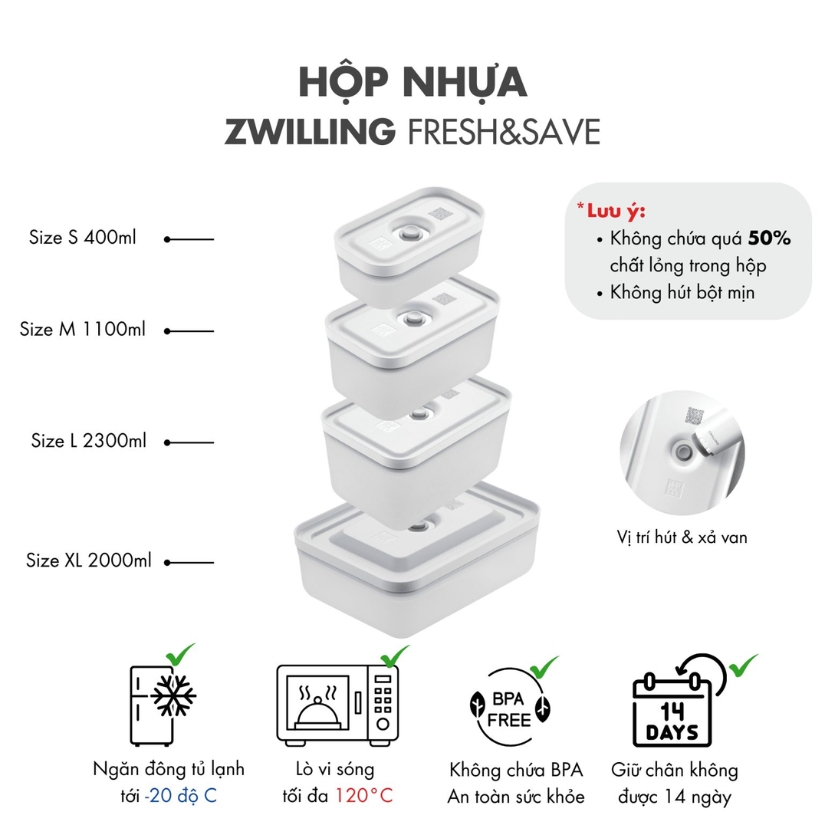 Bộ hút chân không Zwilling FRESH & SAVE 33 món tiện lợi, cải tiến giúp hút hết không khí ra khỏi các hộp và túi hút chân không đi kèm