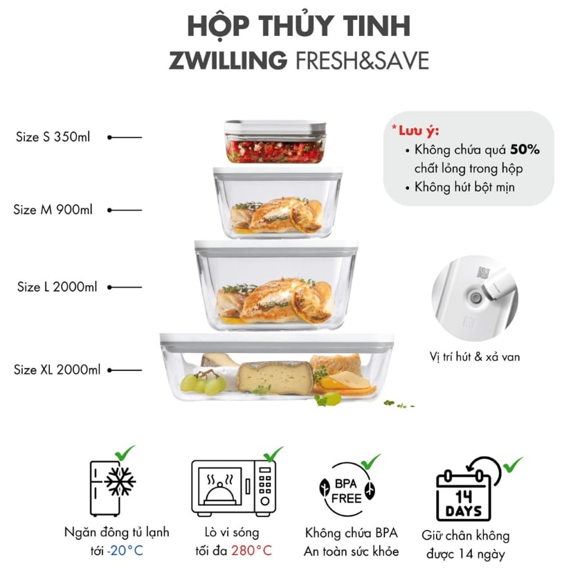 Bộ hút chân không Zwilling FRESH & SAVE 33 món tiện lợi, cải tiến giúp hút hết không khí ra khỏi các hộp và túi hút chân không đi kèm