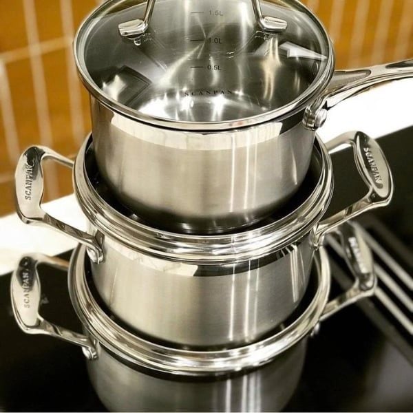 Bộ Nồi Inox Scanpan Impact STS 3 Món 75060020 Thiết kế sang trọng với đáy 3 lớp liền khối, không viền nối