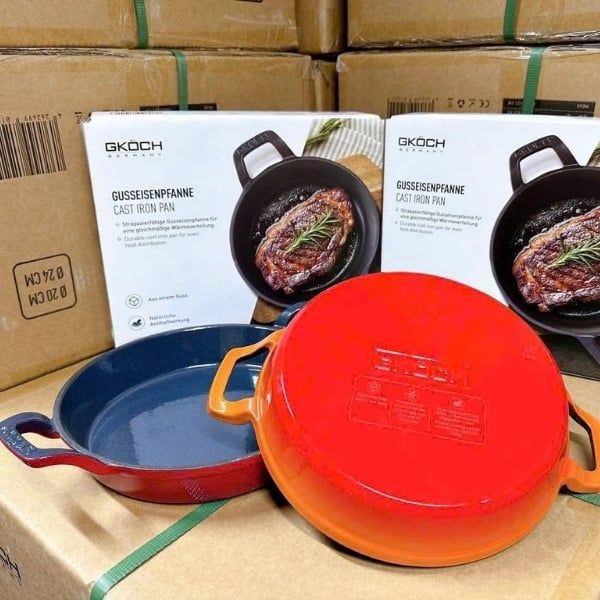 Chảo gang Gkoch size 24cm Gang đúc nguyên khối: Truyền nhiệt đều, giữ nhiệt lâu → món ăn chín kỹ, đậm đà