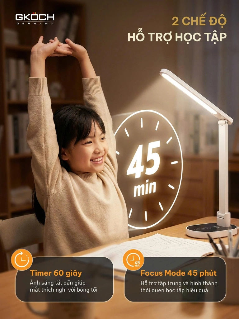 Đèn học chống cận Gkoch YG-8611L Điều chỉnh ánh sáng linh hoạt với 3 mức sáng cài đặt sẵn hoặc nhấn giữ để tuỳ chỉnh theo ý muốn