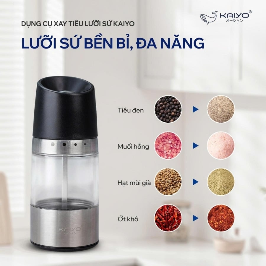 Dụng cụ xay tiêu lưỡi sứ Kaiyo KPG-6179 Lưỡi sứ cao cấp: Siêu bền, không lo gỉ sét như lưỡi kim loại