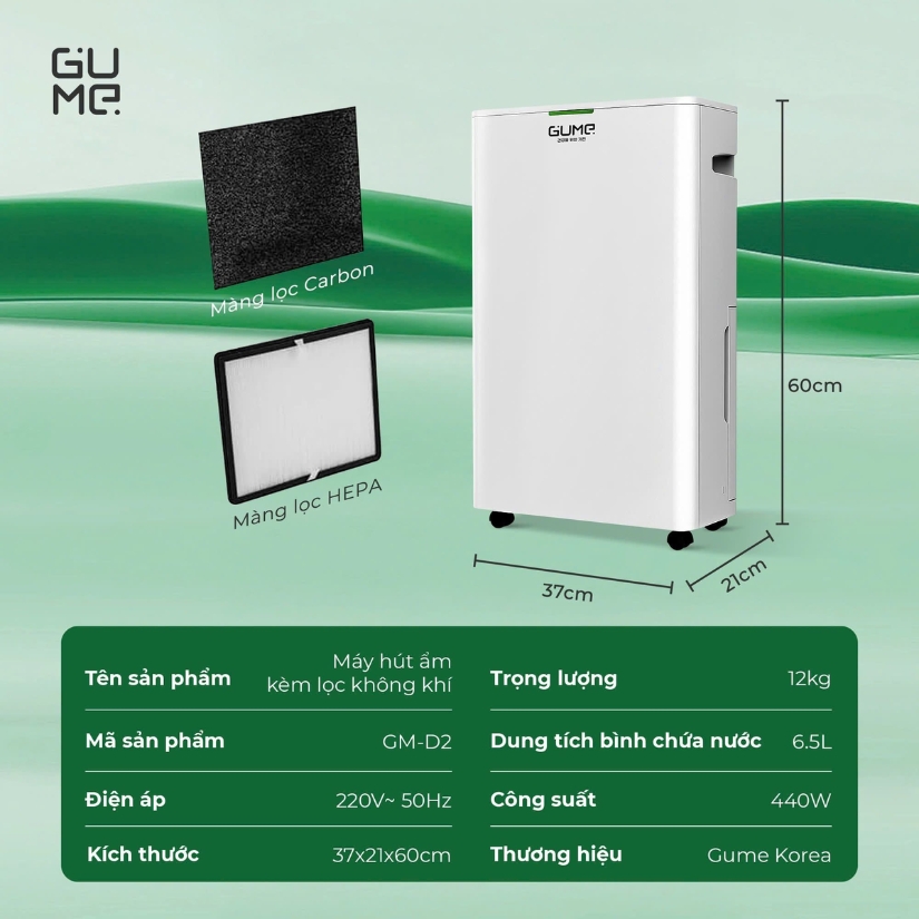 Máy hút ẩm kèm lọc không khí Gume GM-D2 Độ ẩm cân bằng – Dễ chịu suốt ngày dài