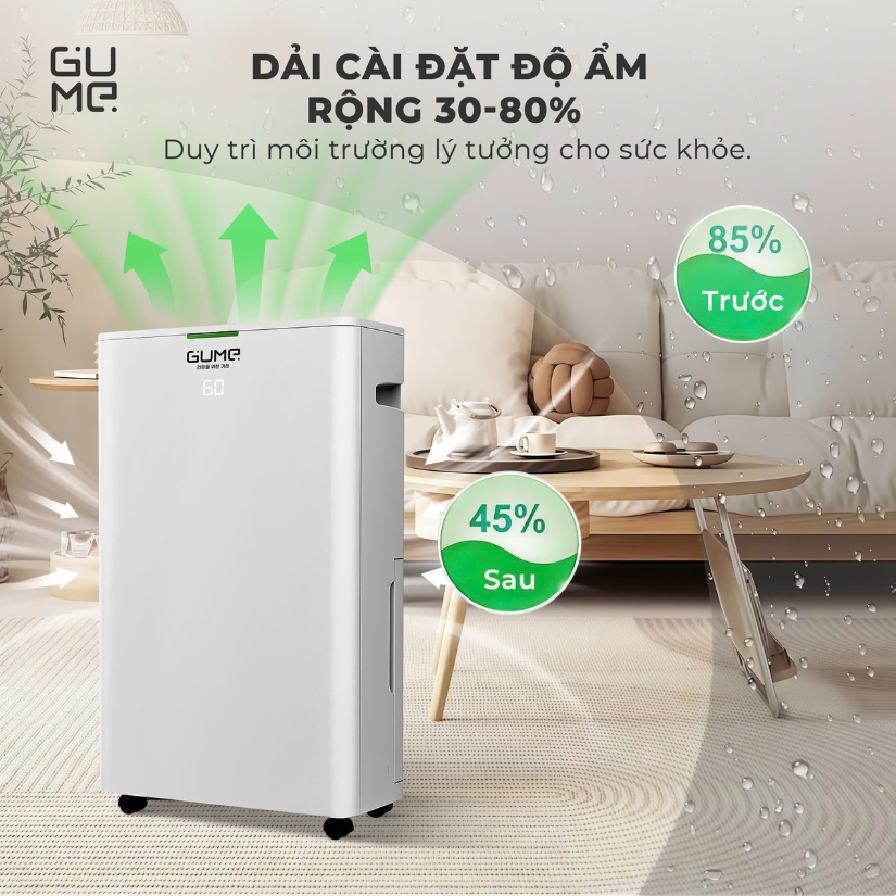 Máy hút ẩm kèm lọc không khí GUME GM-D2 là giải pháp toàn diện giúp duy trì độ ẩm ổn định, không gây khô da
