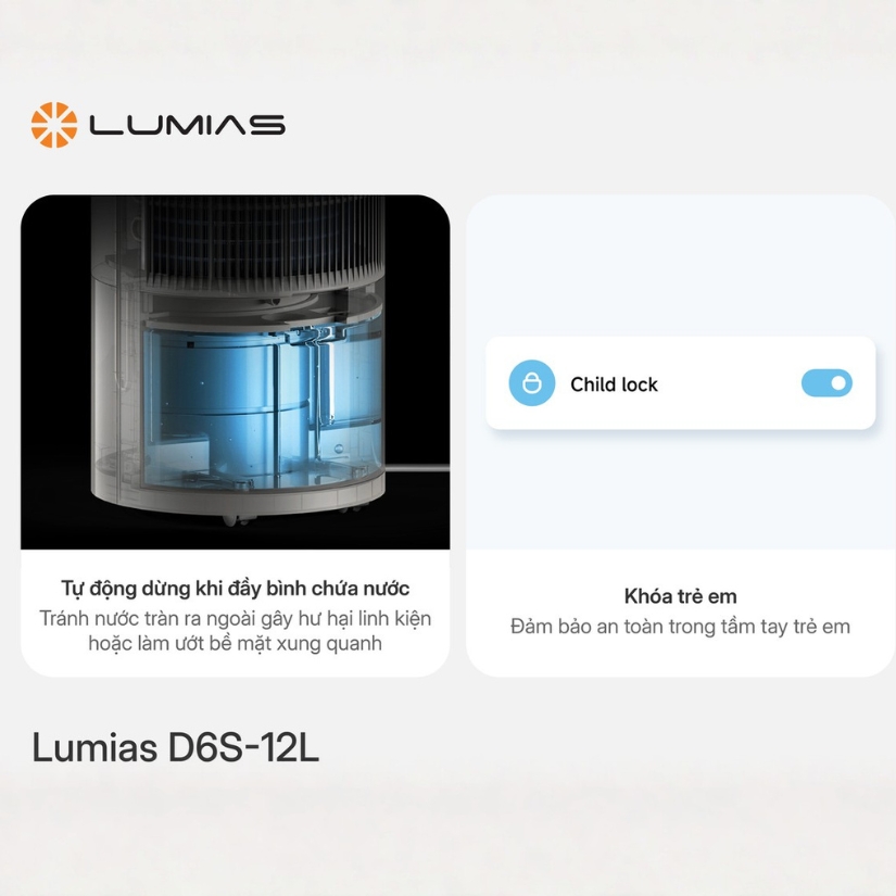 Máy hút ẩm Lumias D6S-12L Tính năng an toàn và chăm sóc sức khỏe