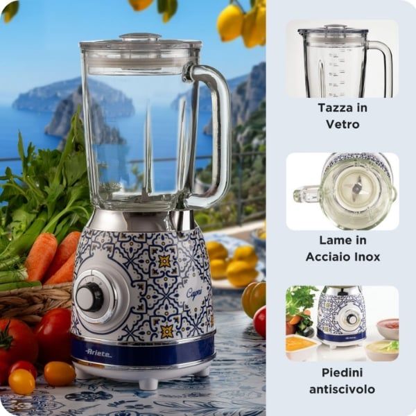 Máy xay sinh tố Ariete mang đậm nét quyến rũ Địa Trung Hải, lấy cảm hứng từ phong cách độc đáo và sống động của thành phố Positano xinh đẹp.