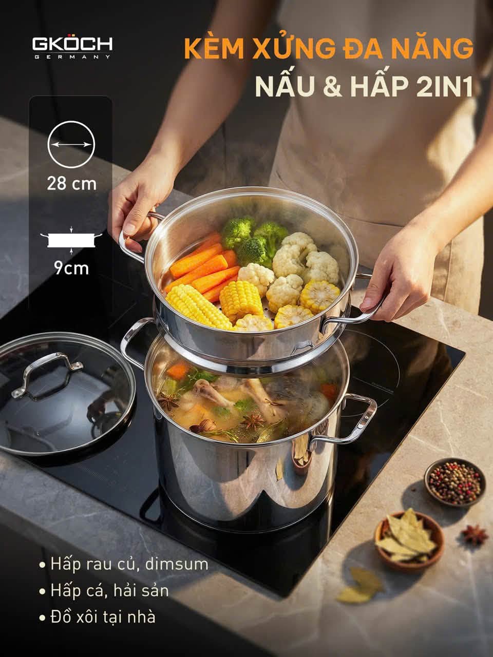 Nồi inox kèm xửng hấp GKÖCH 12L Thiết kế 2 trong 1 tiện lợi, vừa nấu vừa hấp.