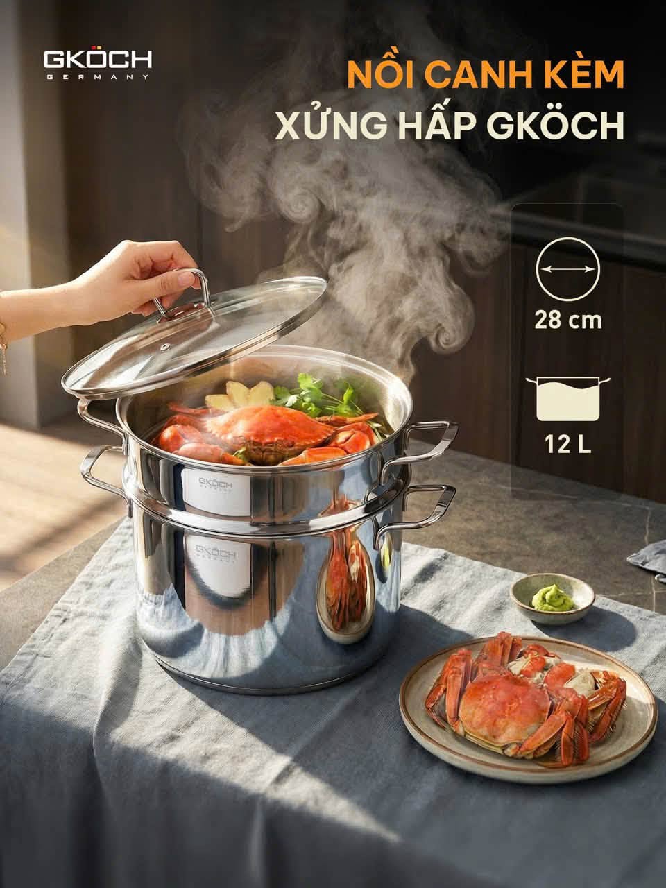 Nồi canh kèm xửng hấp Gkoch 28cm 12L – Một sản phẩm, nhiều công năng