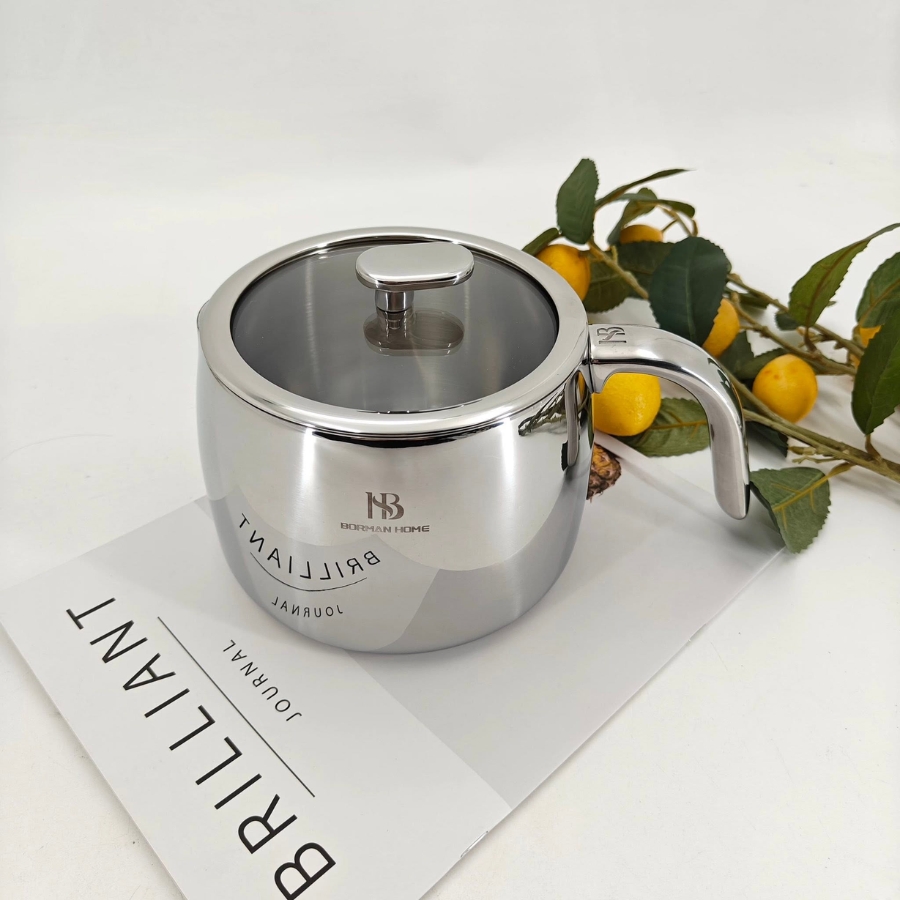 Nồi đa năng kèm lưới chiên/lọc Borman Home 14cm Kèm giỏ chiên/lọc inox có thể gấp gọn, thuận tiện khi chiên thực phẩm, chần rau củ, luộc mì hoặc lọc dầu.