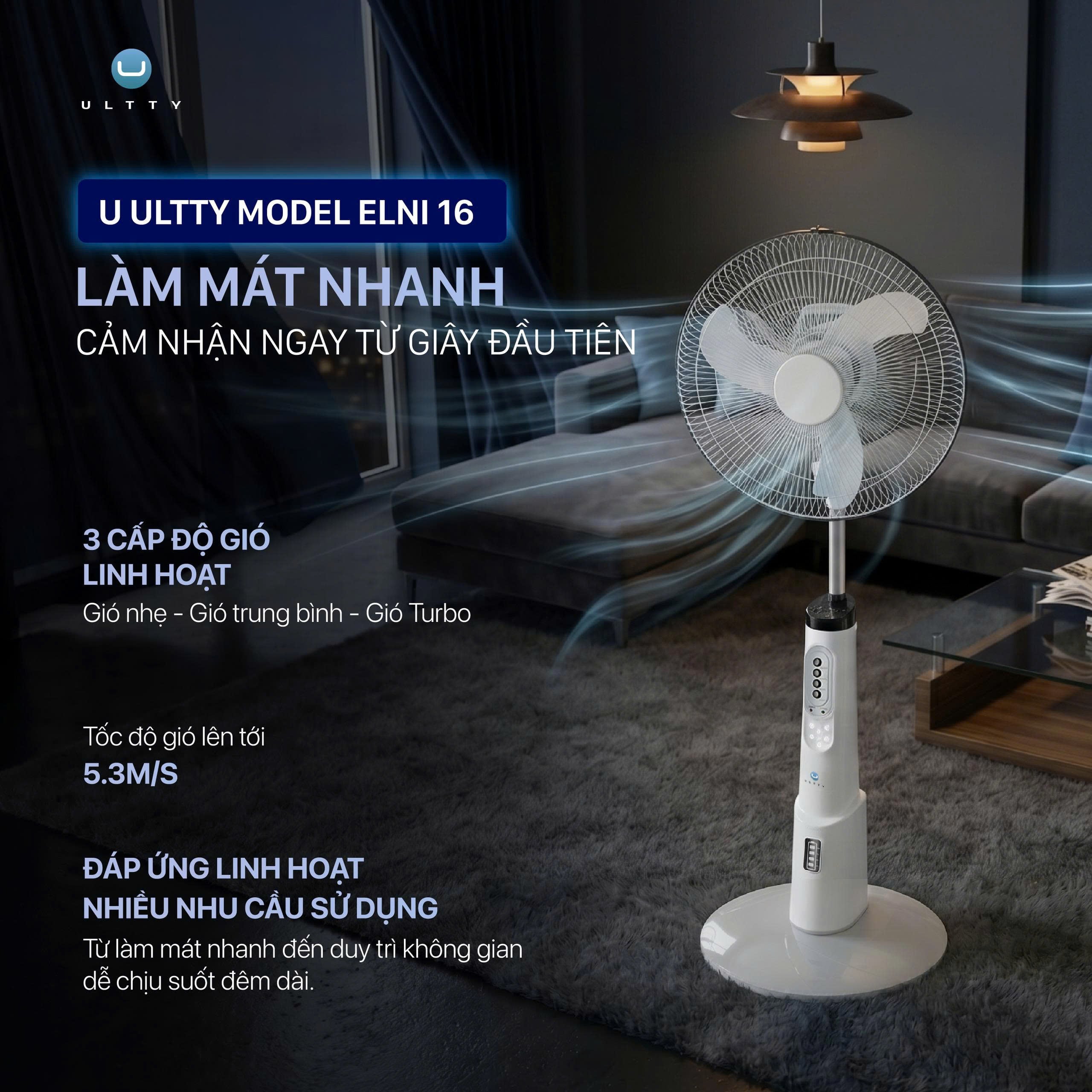 Quạt tích điện U Ultty ELNI 16 Tùy chỉnh 3 mức gió linh hoạt – Chiều lòng mọi nhu cầu
