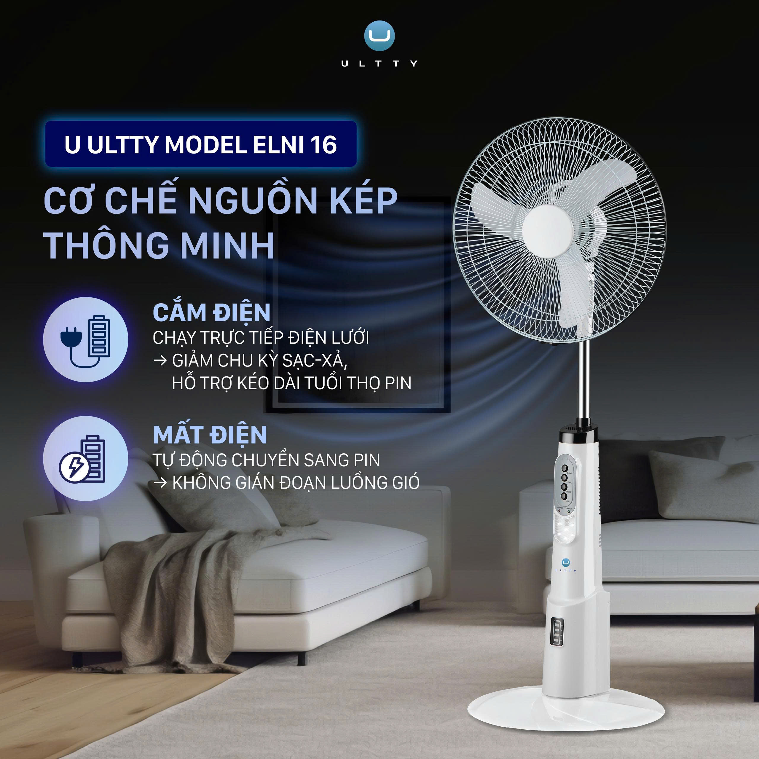 Quạt tích điện U Ultty ELNI 16 Cơ chế nguồn kép thông minh