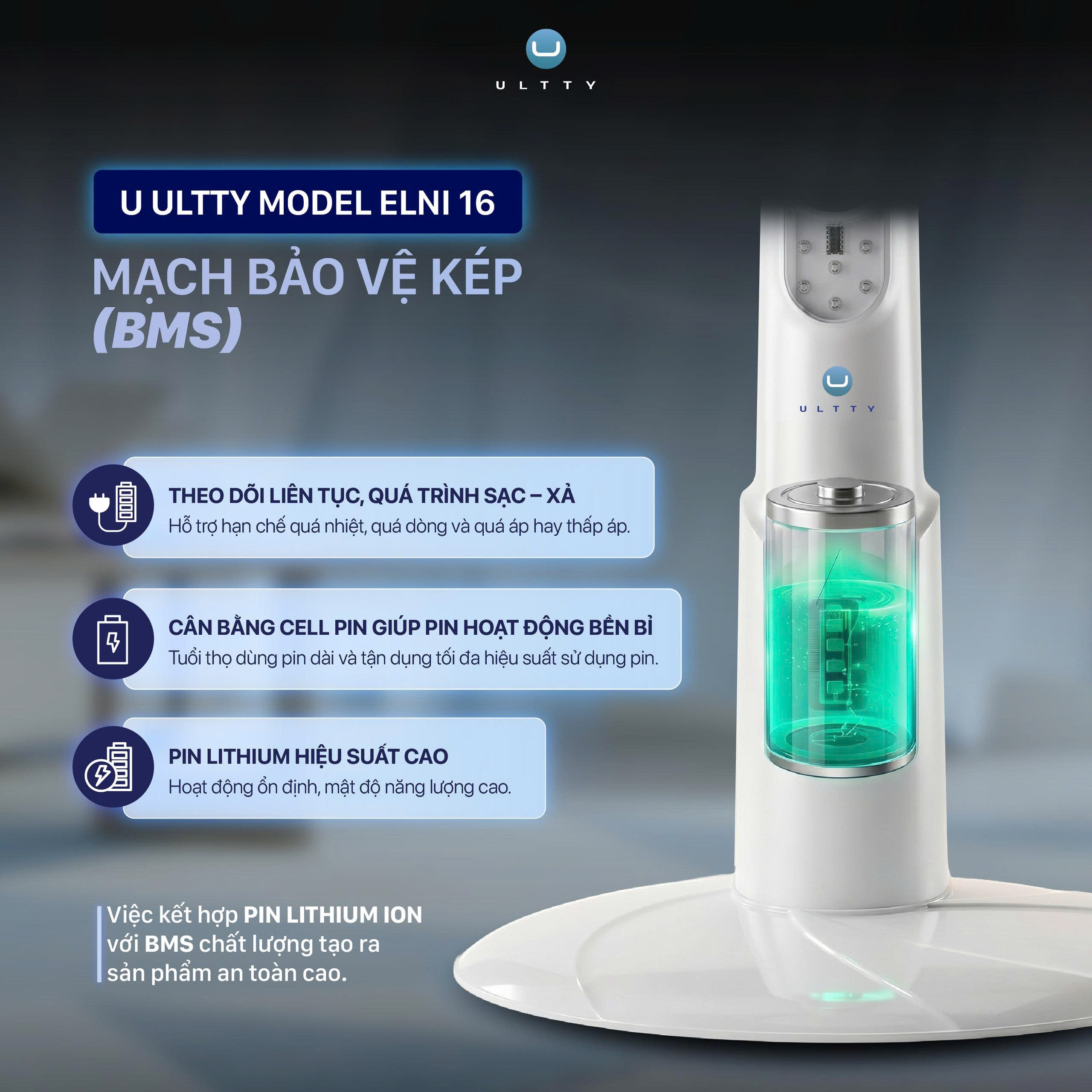 Quạt tích điện U Ultty ELNI 16 Mạch bảo vệ kép BMS thông minh